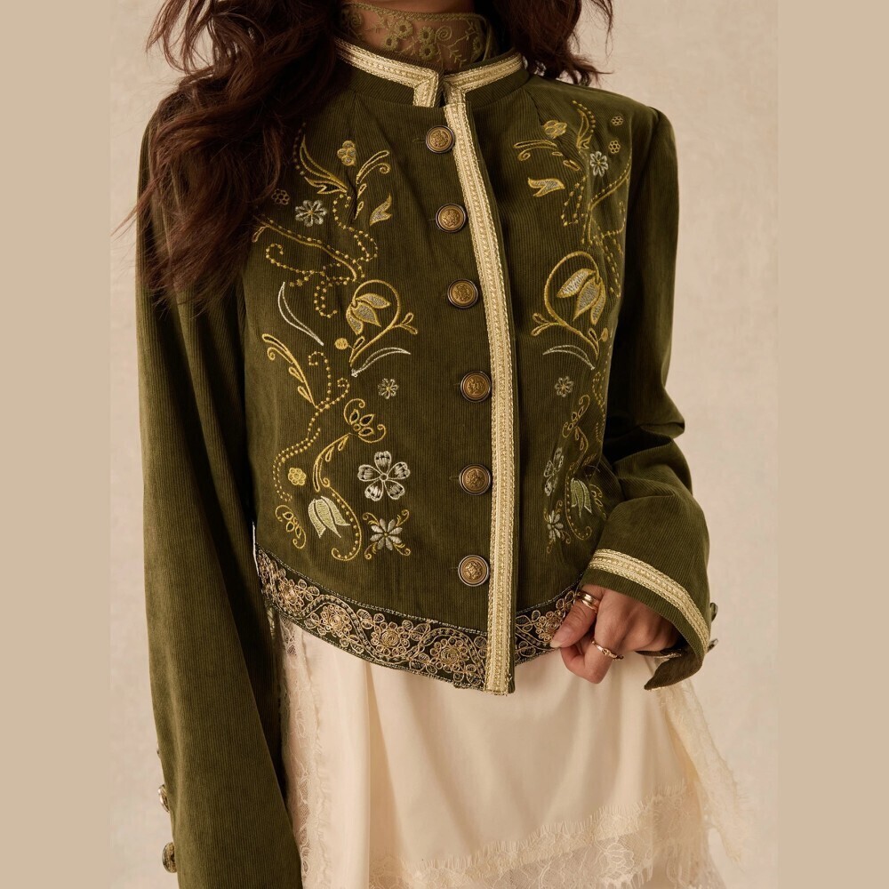 Olive Green Embroidered Corduroy Military Jacket with Gold Trim & Stand Collar